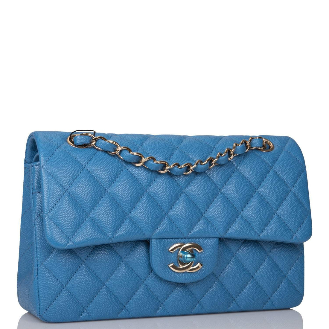 Chanel Blue Quilted Caviar Small Classic Double Flap Bag Light Gold Hardware - Free Shipping USA