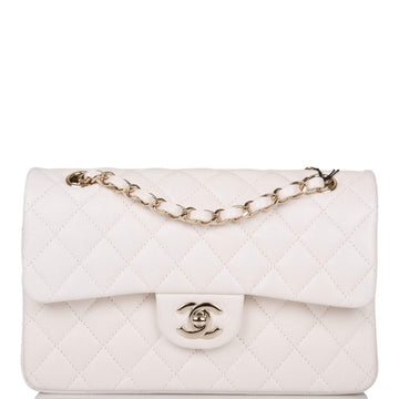 Chanel White Quilted Caviar Small Classic Double Flap Bag Light Gold Hardware - Free Shipping USA