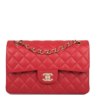 Chanel Red Quilted Lambskin Small Classic Double Flap Bag Light Gold Hardware - Free Shipping USA