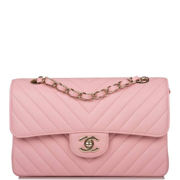 Chanel Pink Chevron Caviar Small Classic Double Flap Bag Light Gold Hardware - Free Shipping USA
