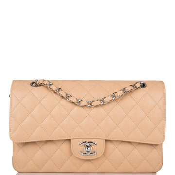 Chanel Beige Quilted Caviar Medium Classic Double Flap Bag Silver Hardware - Free Shipping USA