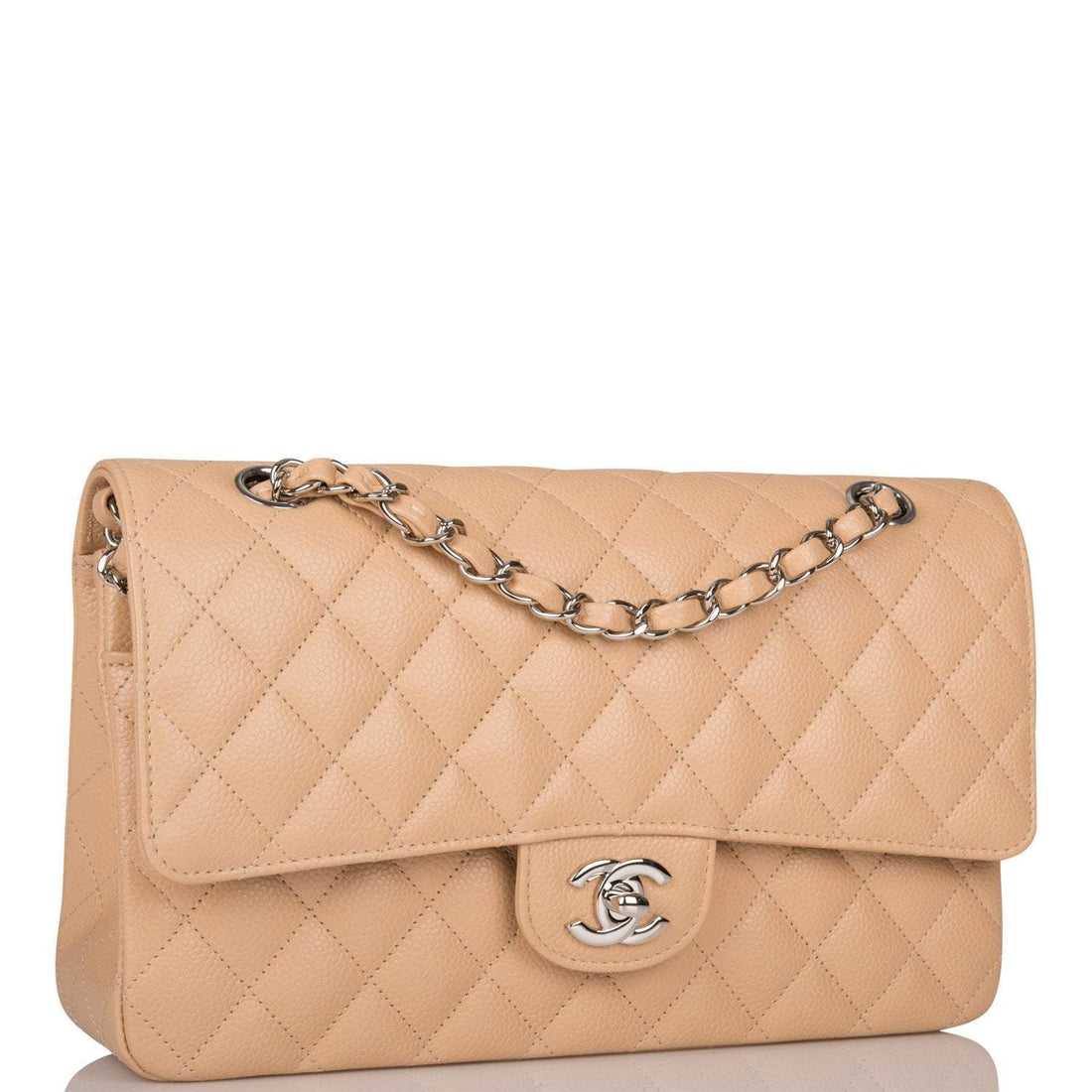 Chanel Beige Quilted Caviar Medium Classic Double Flap Bag Silver Hardware - Free Shipping USA