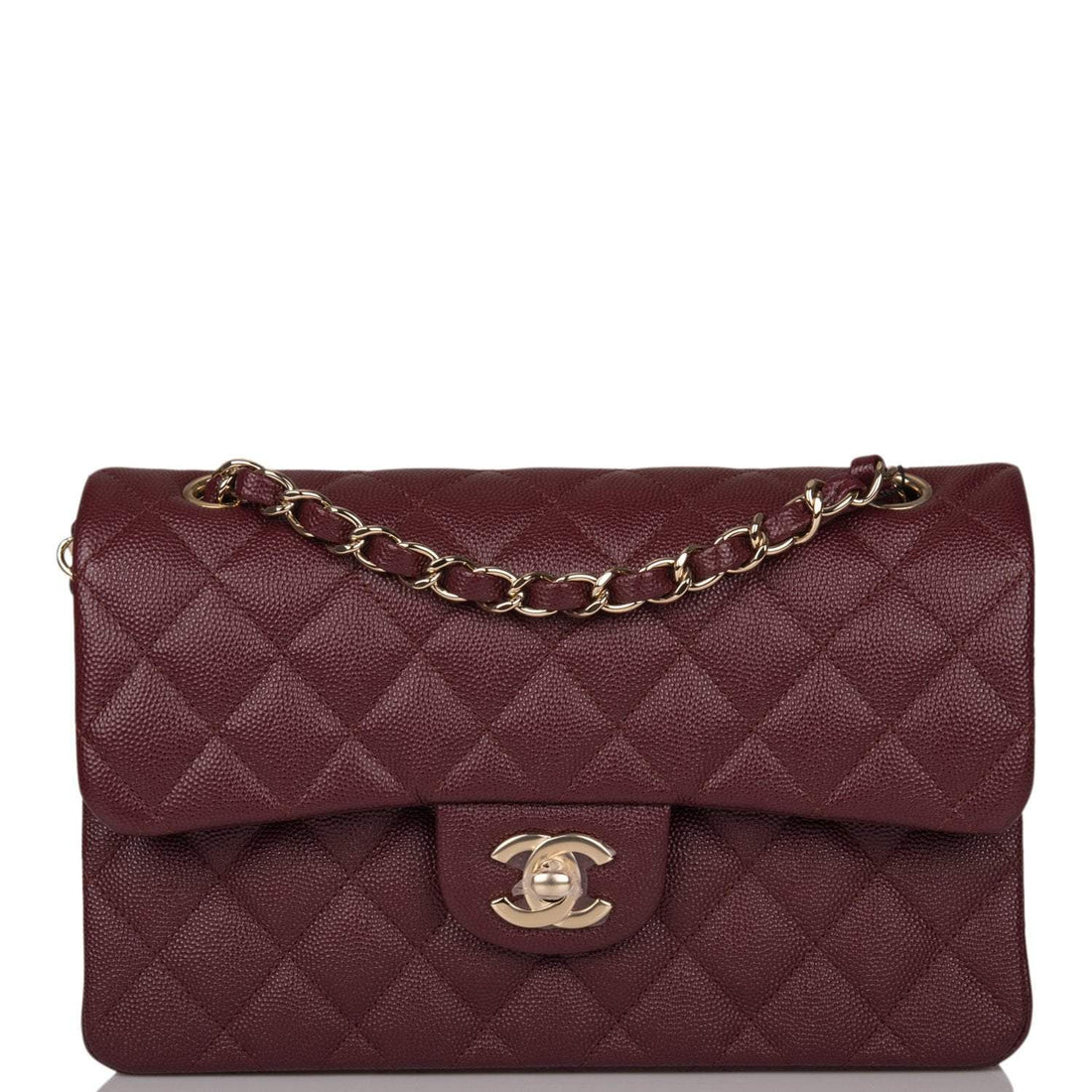 Chanel Burgundy Quilted Caviar Small Classic Double Flap Bag Light Gold Hardware - Free Shipping USA