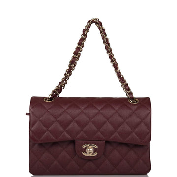 Chanel Burgundy Quilted Caviar Small Classic Double Flap Bag Light Gold Hardware - Free Shipping USA