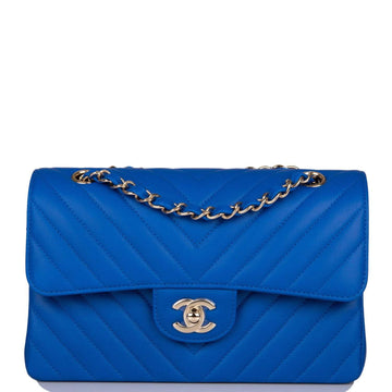 Chanel Blue Chevron Caviar Small Classic Double Flap Bag Light Gold Hardware - Free Shipping USA