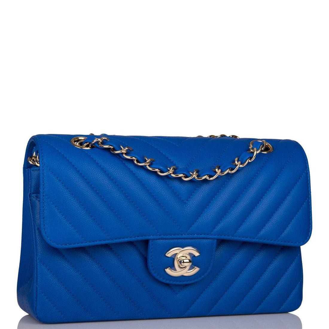 Chanel Blue Chevron Caviar Small Classic Double Flap Bag Light Gold Hardware - Free Shipping USA