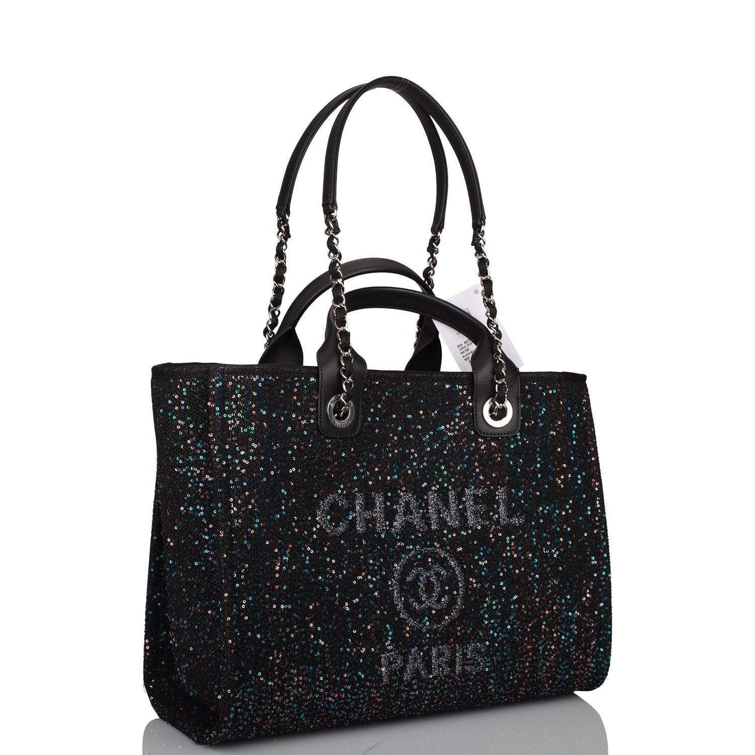 Chanel Black Canvas and Sequins Small Deauville Shopping Bag Silver Hardware - Free Shipping USA