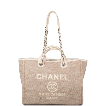 Chanel Beige Wool Large Deauville Shopping Bag Silver Hardware - Free Shipping USA