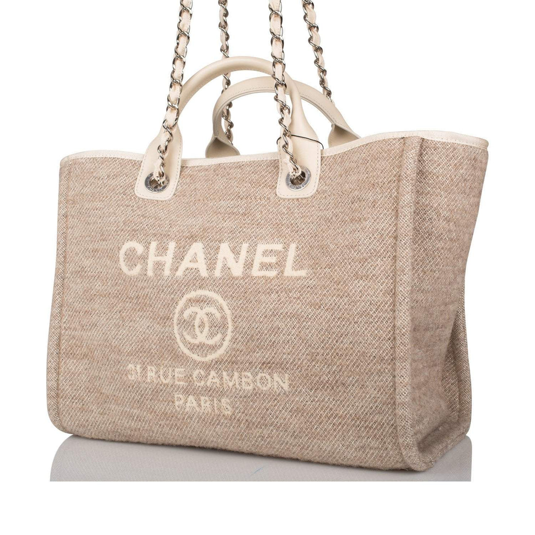 Chanel Beige Wool Large Deauville Shopping Bag Silver Hardware - Free Shipping USA