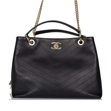 Chanel Black Calfskin Chevron Chic Tote Bag Light Gold Hardware - Free Shipping USA