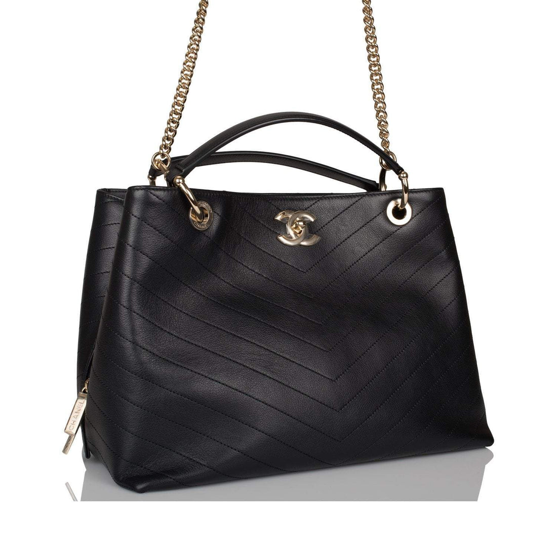 Chanel Black Calfskin Chevron Chic Tote Bag Light Gold Hardware - Free Shipping USA