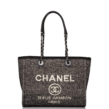 Chanel Small Deauville Shopping Bag Black Wool Silver Hardware - Free Shipping USA