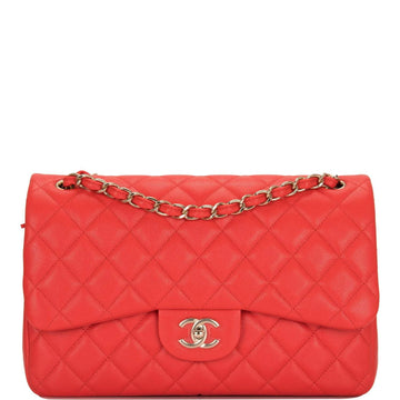 Chanel Red Shiny Quilted Caviar Jumbo Classic Double Flap Bag Gold Hardware - Free Shipping USA