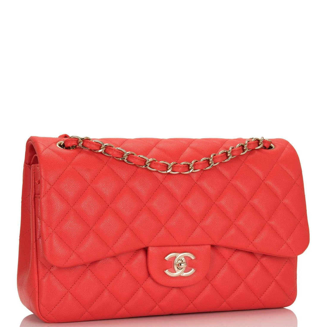 Chanel Red Shiny Quilted Caviar Jumbo Classic Double Flap Bag Gold Hardware - Free Shipping USA