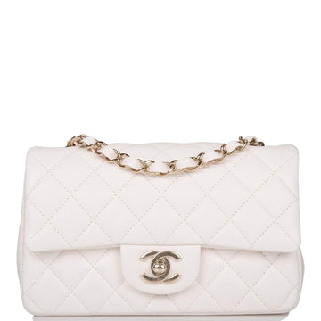 Chanel White Quilted Lambskin Rectangular Mini Classic Flap Bag Light Gold Hardware - Free Shipping USA