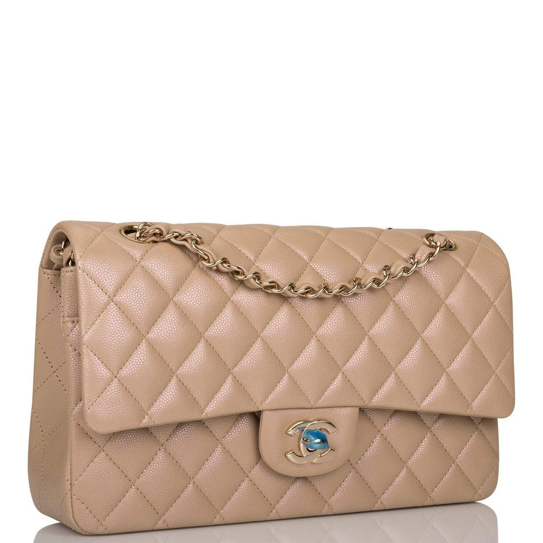 Chanel Dark Beige Iridescent Quilted Caviar Medium Classic Double Flap Bag Light Gold Hardware - Free Shipping USA