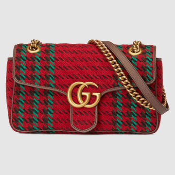 GG Marmont Small Houndstooth Shoulder Bag Red And Green Wool - Free Shipping USA