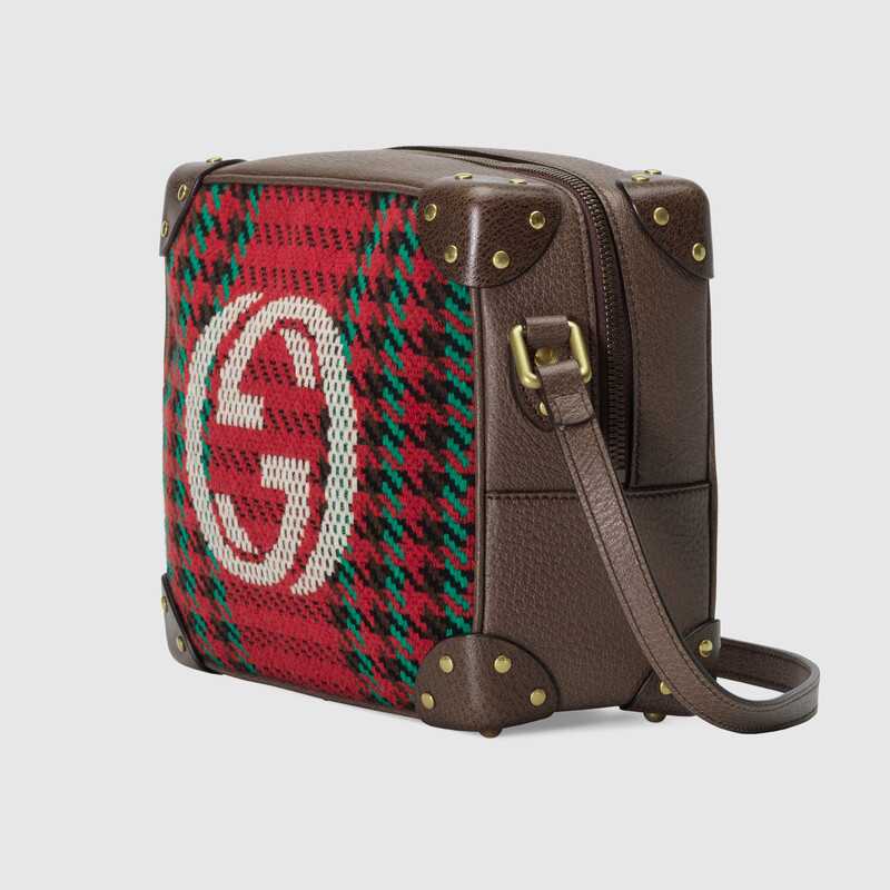 Houndstooth and Stripe Shoulder Bag with Interlocking G Red and Green Houndstooth - Free Shipping USA