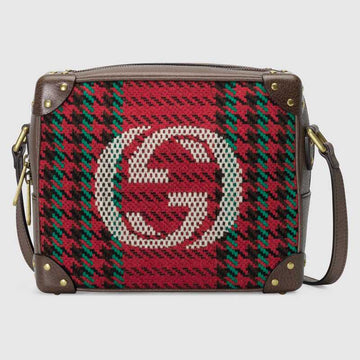 Houndstooth and Stripe Shoulder Bag with Interlocking G Red and Green Houndstooth - Free Shipping USA