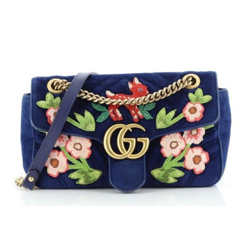 Gucci Flap Marmont GG Embroidered Matelasse Blue Velvet Cross Body 443497 - Free Shipping USA