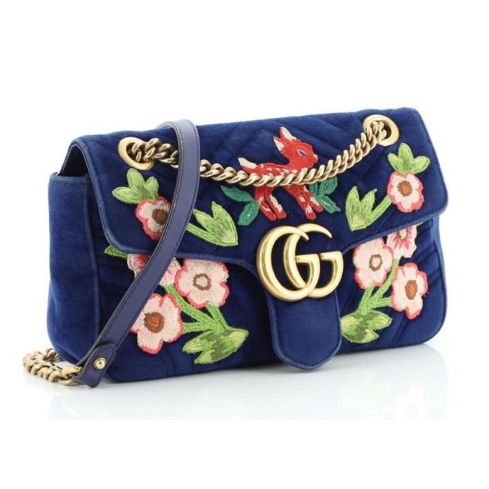 Gucci Flap Marmont GG Embroidered Matelasse Blue Velvet Cross Body 443497 - Free Shipping USA