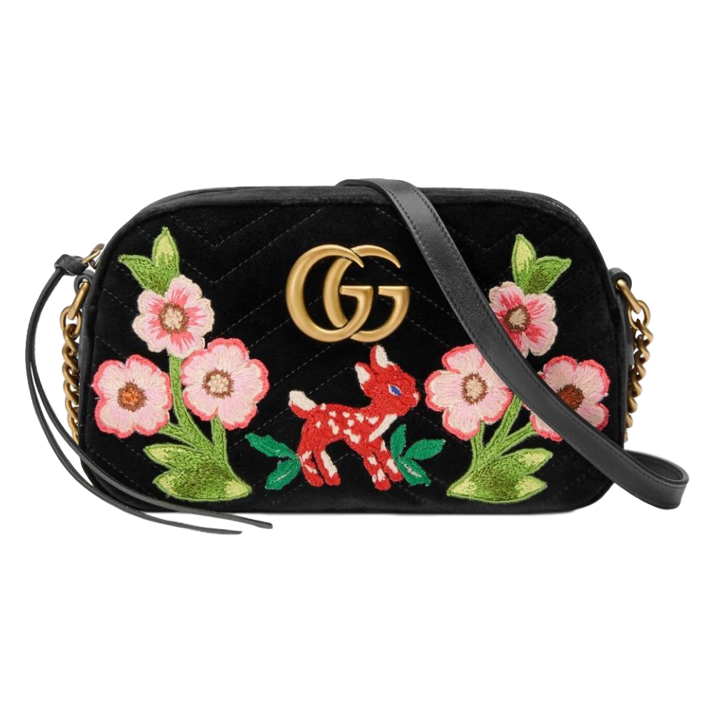 Gucci GG Marmont Matelasse Embroidered Black Nero Velvet Crossbody 447632 - Free Shipping USA