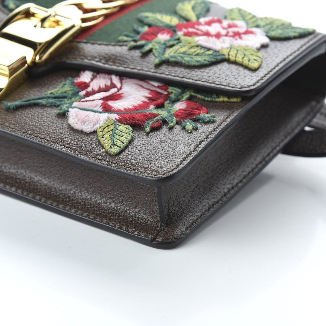 Gucci Sylvie Belt Bag Floral Rose Embroidered Brown Leather 476811 - Free Shipping USA