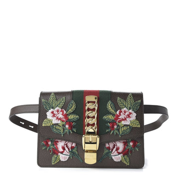 Gucci Sylvie Belt Bag Floral Rose Embroidered Brown Leather 476811 - Free Shipping USA