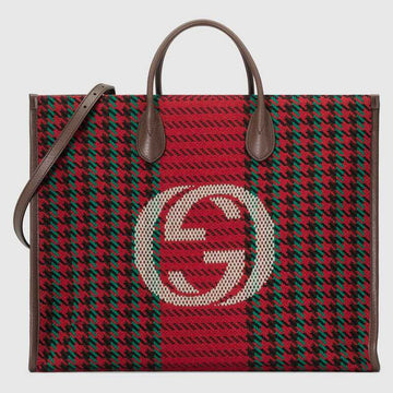 Houndstooth and Stripe Tote with Interlocking G Red and Green - Free Shipping USA