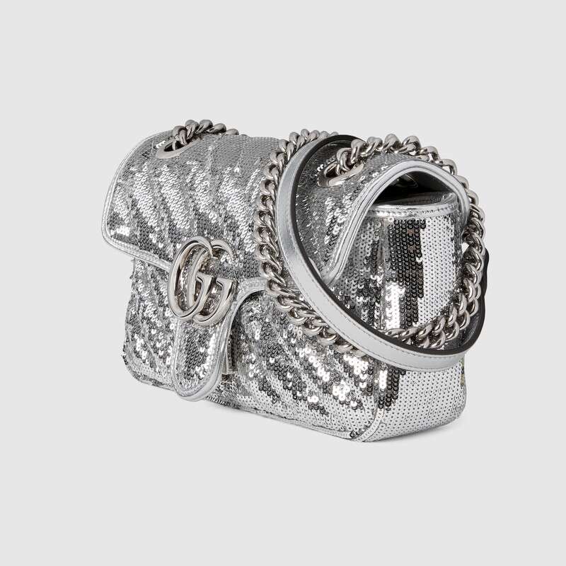 GG Marmont Mini Sequin Shoulder Bag Silver Leather - Free Shipping USA