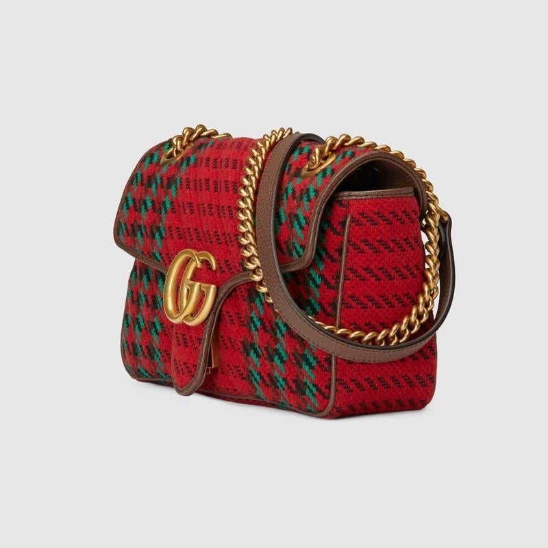 GG Marmont Small Houndstooth Shoulder Bag Red And Green Wool - Free Shipping USA