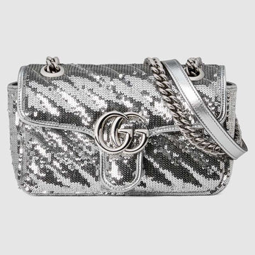 GG Marmont Mini Sequin Shoulder Bag Silver Leather - Free Shipping USA