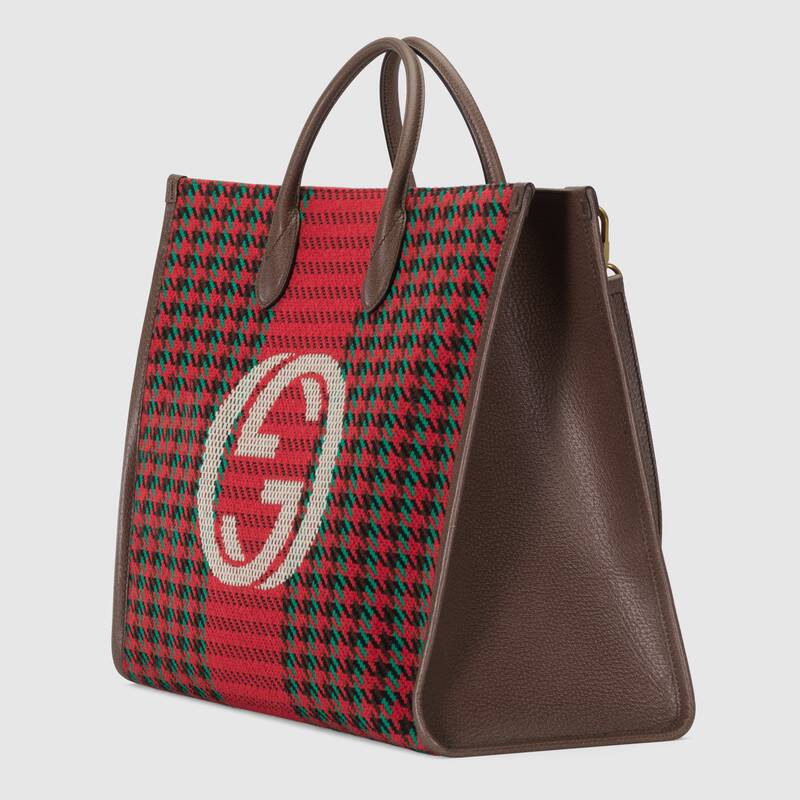 Houndstooth and Stripe Tote with Interlocking G Red and Green - Free Shipping USA